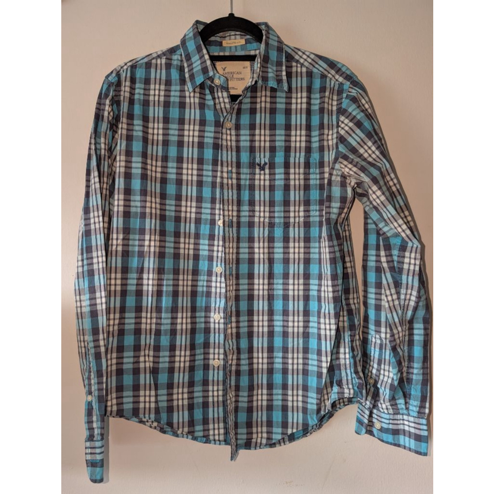 American Eagle Outfitters Men's Blue Plaid Button Down Shirt Small